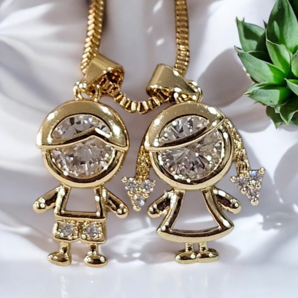 ***** SUPER CUTE BOY & GIRL 14k GOLD PLATED CZ MICRO PAVE NECKLACE SET *****